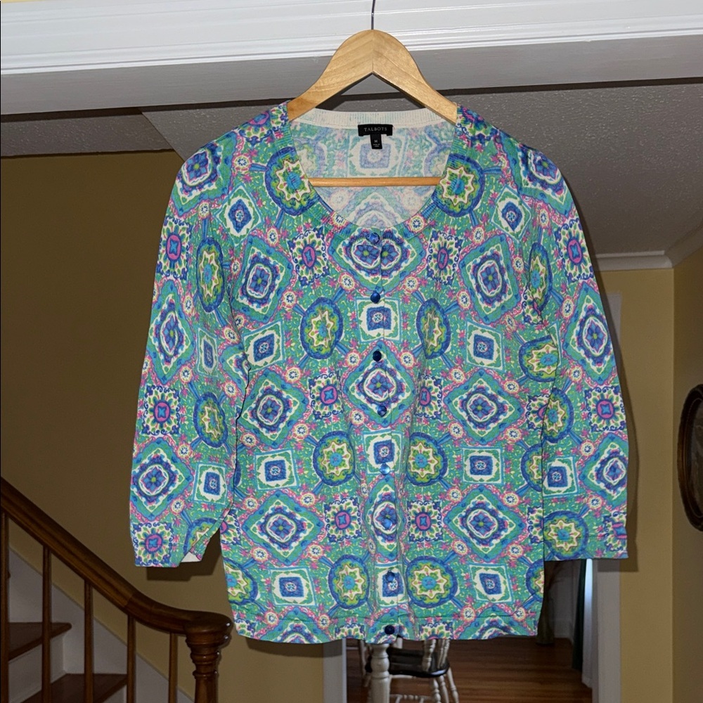 Talbots Multi-Color Geometric Button Cardigan - image 1